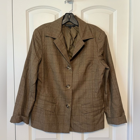 Lafayette 148 New York Brown Tan Plaid Virgin Wool Academy Blazer Jacket size 12 - Picture 2 of 8